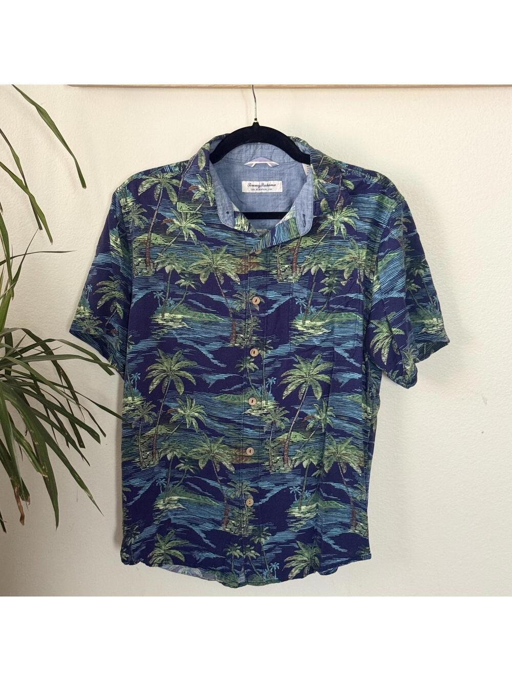 Blue Palm Tommy Bahama Veracruz Cay Shirt Mens M Hawaiian Button Up